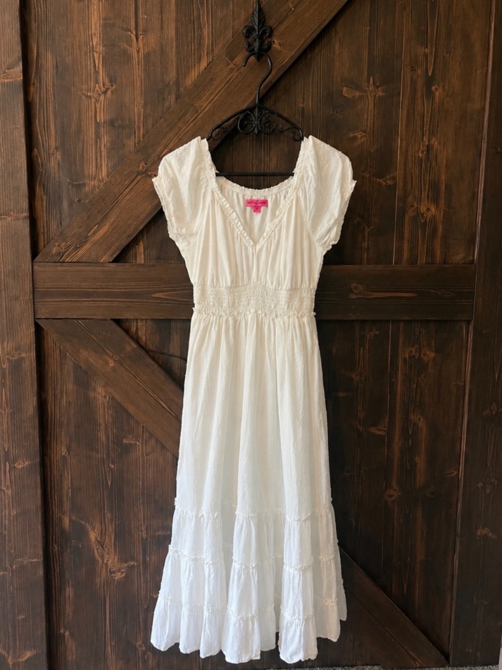 Betsey Johnson White Swiss Dot Smocked Midi Dress | Cottagecore Boho | Size S